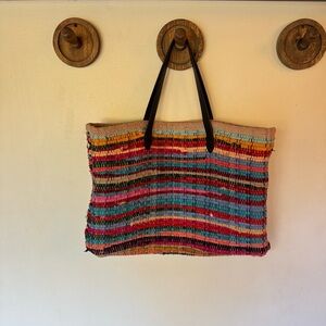 Colorful Striped woven rag rug Tote Bag leather handle